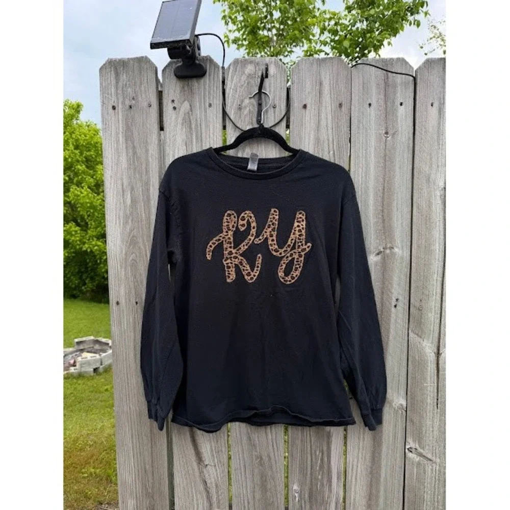 Gildan‎ Kentucky KY Leopard Print Graphic Long Sleeve T-Shirt Black Medium